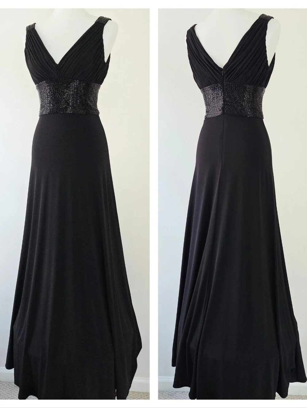 JS Boutique Beaded Waist Jersey Gown Size 2 Black Wedding Guest Gala Ball